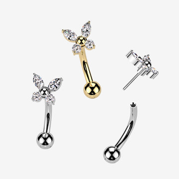Detail View 1 of Implant Grade Titanium OneFit Threadless Butterfly Sparkle Top Curved Barbell-Clear Gem
